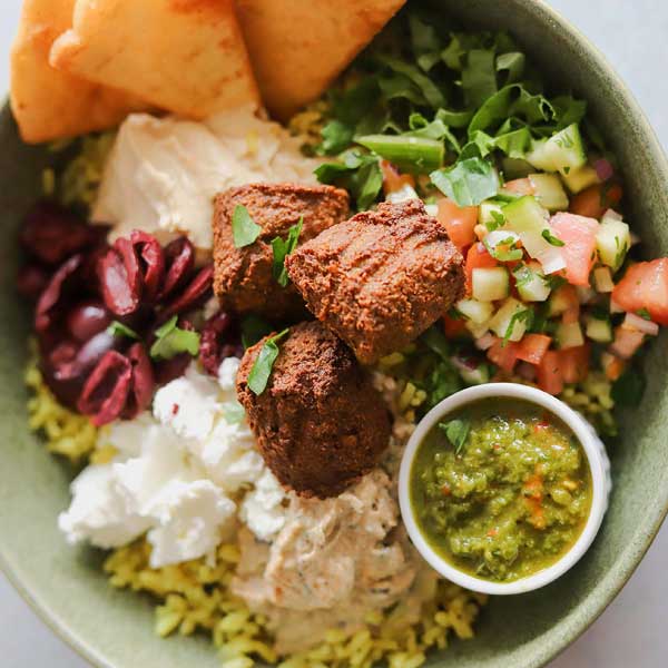 MBI Foods Falafel on top of a Mediterranean grain bowl