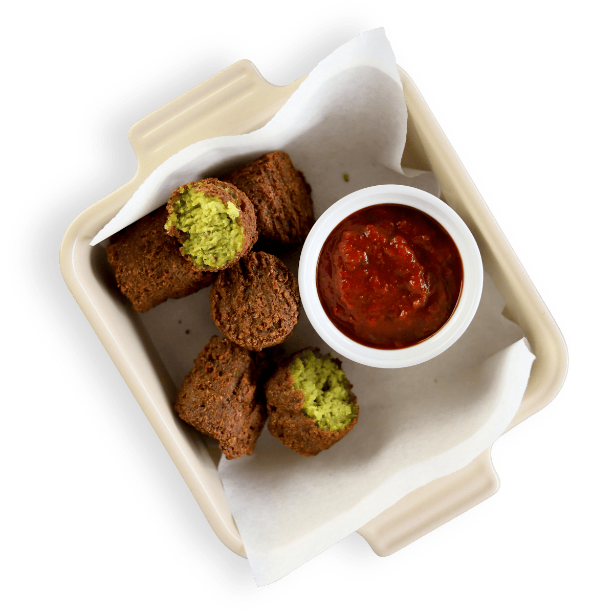 Falafel Appetizer with Sweet and Smokey Harissa Sauce Produced by MBI Foods